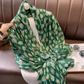Detail of dark green scarf with gold leaf foil print on lightweight cotton linen fabric - 180*90 / Green