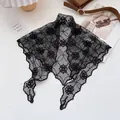 Detailed view of elegant black floral lace scarf with delicate scalloped edges on white background - 84*37cm / Black