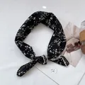 Black floral square scarf with white lace trim and minimalist patterns for women - Black