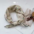 Floral cotton linen square scarf with green lace trim and vintage pastoral print - 70cmx70cm / Off White
