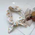 Elegant cream neckerchief with yellow rabbit and floral patterns and crochet lace edges - Yellow Rabbit