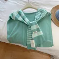 Makro-Detail des minzgrünen gestreiften Strickschals mit Markenetikett und Textur - Aquagrün