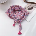 Detail of pink floral square scarf featuring delicate tassels and soft cotton-linen fabric - 60*60cm / Red