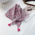 Detail of floral printed cotton linen scarf with elegant pink tassel charms on edges - 60*60cm / Pink