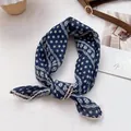 Floral navy blue chiffon head scarf with lace trim and white flower patterns - 70*70cm / Navy Blue