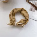 Detail of floral ginger silk scarf with white lace trim and cotton linen texture - 70x70cm / Earthy Yellow