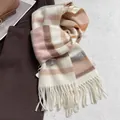 Détail de l'écharpe en laine à rayures bleues avec de longues franges et étiquette - 180x30cm / Rose à Rayures