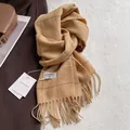 Detail of khaki plaid wool scarf with fringe tassels and premium brand tag - 180x30cm / Apricot Plaid