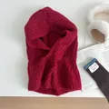 Deep red knitted balaclava with warm scarf hood for winter outdoor style - Red