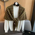 Striped 100% pure wool shawl over white round neck knit sweater for women stylish 2025 autumn - Green