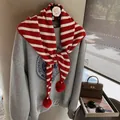 Classic red and white striped knit scarf with pom-pom details and college style - Red