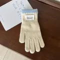 Detail eines warmen Strickhandschuhs in Beige und Hellblau mit Silent Wind Markenlabel - Gebrochenes Weiß