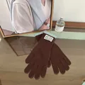 Close-up of brown knit gloves featuring light blue ribbed cuffs and brand cloth label - Coffee