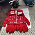 Detalle de guantes de punto Fair Isle rojos con patrón de copos sobre una revista - Rojo