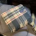 Detail of plaid scarf featuring knit texture, fringed edges and brand woven label - Green