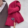 Dettaglio della sciarpa in maglia spessa a coste rosso scuro con etichette del marchio - Rosso