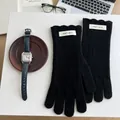 Classic black knitted 100% wool gloves for women with touch screen fingers and wavy cuffs - Black
