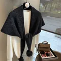 Elegant dark grey 100% wool knit shawl with decorative pom-pom tassels for women - Black and Gray