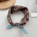 Brown paisley floral cotton linen small square scarf for women used as a stylish head wrap - Blue Edge