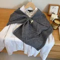 Gray knitted scarf shawl with diamond pattern and button detail for women - Gray