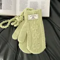Détail macro de la texture en maille torsadée et étiquette en laine sur moufles vertes - Vert Vanille