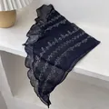 Navy blue linen triangle scarf with white floral embroidery and wavy edges for women - Cross Navy