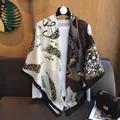 130cm linen cotton large square scarf with leopard floral print and luxury shawl design - 130cm / Beige Patchwork