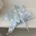 Light blue sheer floral triangular scarf with white flower print for hair or neck - 28*115cm / Azure Blue