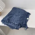 Detail of navy blue pleated cotton scarf featuring raw edges and soft textured fabric - 180*90CM / Blue