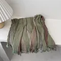 Detail of dark green striped cotton linen scarf featuring natural frayed fringe edges - 180x90cm / Bean Green