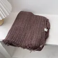 Close-up of deep brown pleated cotton scarf with natural fringe edges and texture - 180*90CM / Coffee
