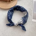 Foulard in seta blu navy con motivo paisley annodato a fiocco su sfondo bianco - Bandana / Blu navy