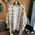 Damen Schal aus Baumwolle und Leinen mit Teddybär-Print für Strand und Alltag - Gebrochenes Weiß