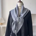 French vintage grey knitted triangle scarf shawl styled over a black blazer jacket - 100*30cm / Gray