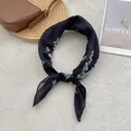 Navy blue linen-silk scarf with white lily of the valley floral print in elegant knot style - 70cmx70cm / Black