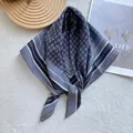 Elegant gray-blue geometric silk square scarf with cross-star patterns and striped borders - Gray