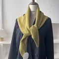 Detailed texture of mustard yellow knitted triangle scarf on a black blazer coat - 100*30cm / Olive Green