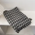 Detail of soft plaid knitted scarf with delicate fringe edges in a minimalist setting - Gray / 180*90CM