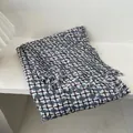 Detail of Korean plaid knit scarf featuring blue and brown fringe with soft texture - Blue / 180*90CM