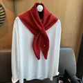 Elegant 100% wool red knit scarf with white camellia flower on a white long-sleeve shirt - Red