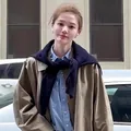 Chic layered look with blue shirt, khaki coat and navy knit shawl over shoulders - Navy Blue
