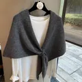 Deep grey wool blend knit cross shawl wrap elegantly layered over a white long sleeve shirt - Dark Gray
