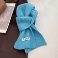Macro detail of sky blue knitted wool scarf showing ribbed texture and brand label - Lake Blue