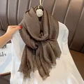 Luxe pleated gold-flecked brown cotton linen scarf with elegant fringe and metallic shimmer - 180*90CM / Coffee