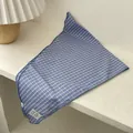 Detail of blue and white checkered cotton scarf showing edge stitching and fabric tag - Light Blue White Square