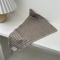 Detailed view of brown plaid triangle headscarf with sewn label and overlock edge - Coffee Fine Grid