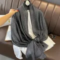 Detail of grey cotton linen scarf with gold foil texture and soft fringe edges - 180*90CM / Black and Gray