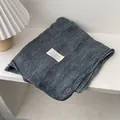 Detail of dark gray cotton linen scarf featuring red decorative stitching and woven label - 180*70cm / Navy Blue and Gray