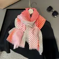 Colorful striped scarf with red and pink patterns, lightweight shawl for women with tassels - Striped Patchwork Style