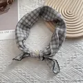 Vintage black and white plaid silk scarf with lace edges and a decorative beige label - Black